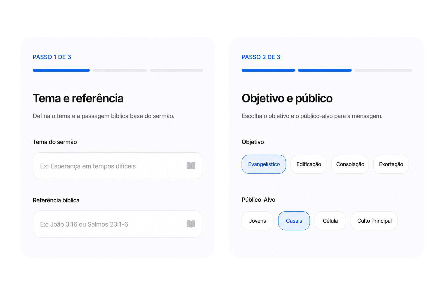 Mockup do Sermonário mostrando os campos de tema, referência bíblica, objetivo e público
