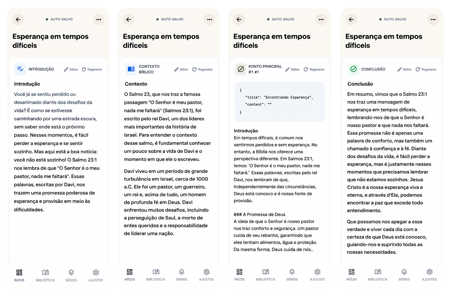 Mockup do Sermonário mostrando introdução, contexto bíblico, pontos principais e conclusão