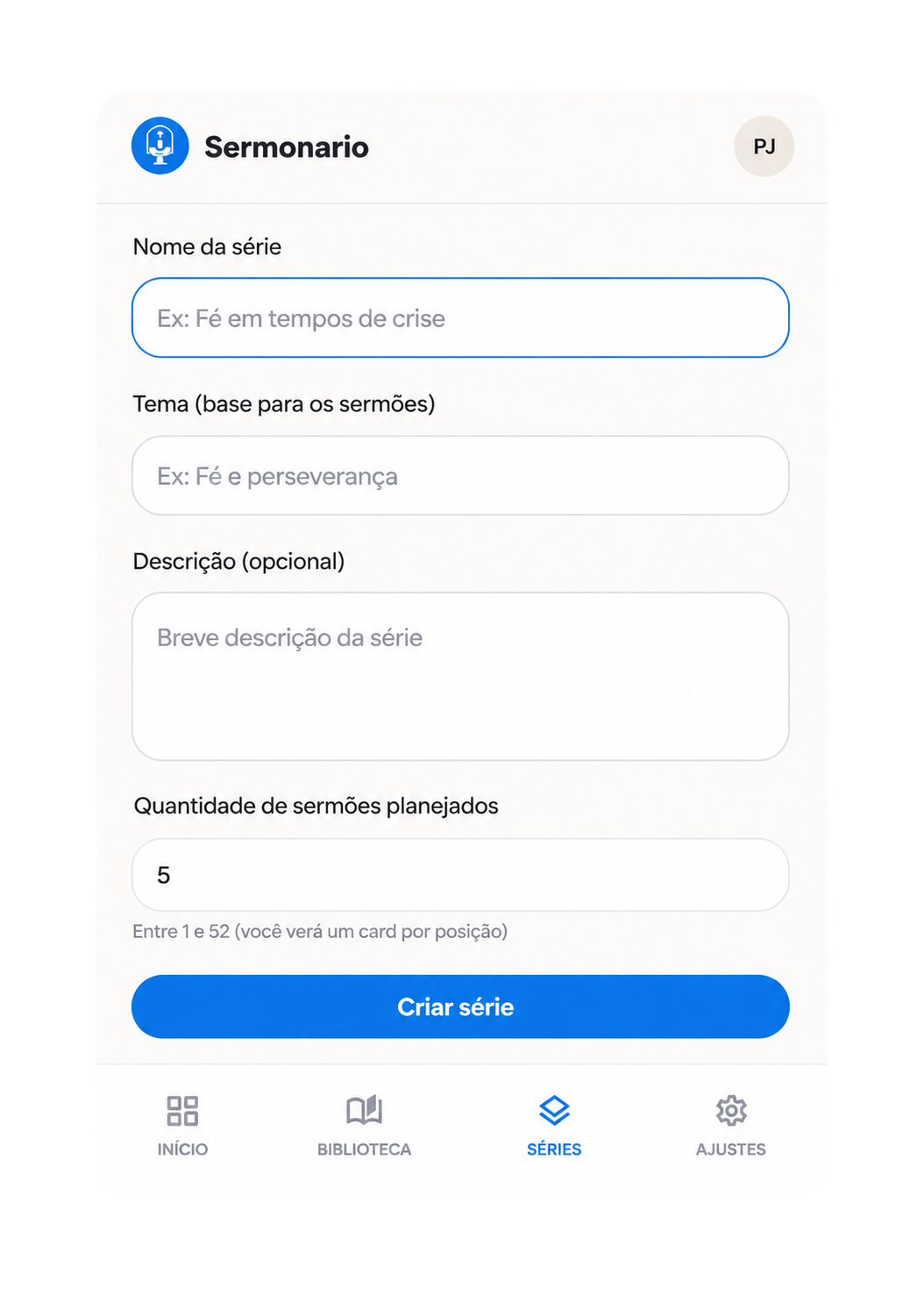 Mockup do Sermonário mostrando a criação de uma série de sermões